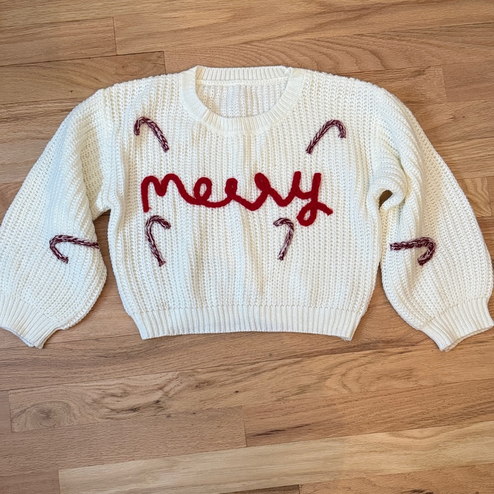 Cozy 'Merry' White Knit Sweater with Red Accents